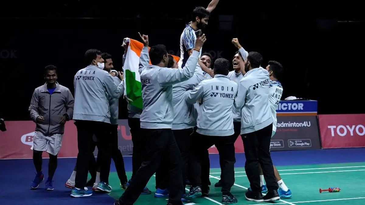 The Indian contingent celebrates their Thomas Cup 2022 triumph. Get highlights of IND vs INA. 