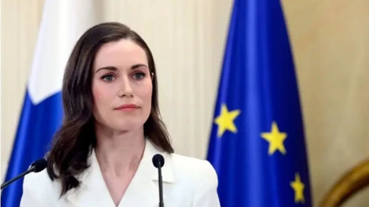 Finland's PM Sanna Marin attends the press conference on Finland's security policy decision.