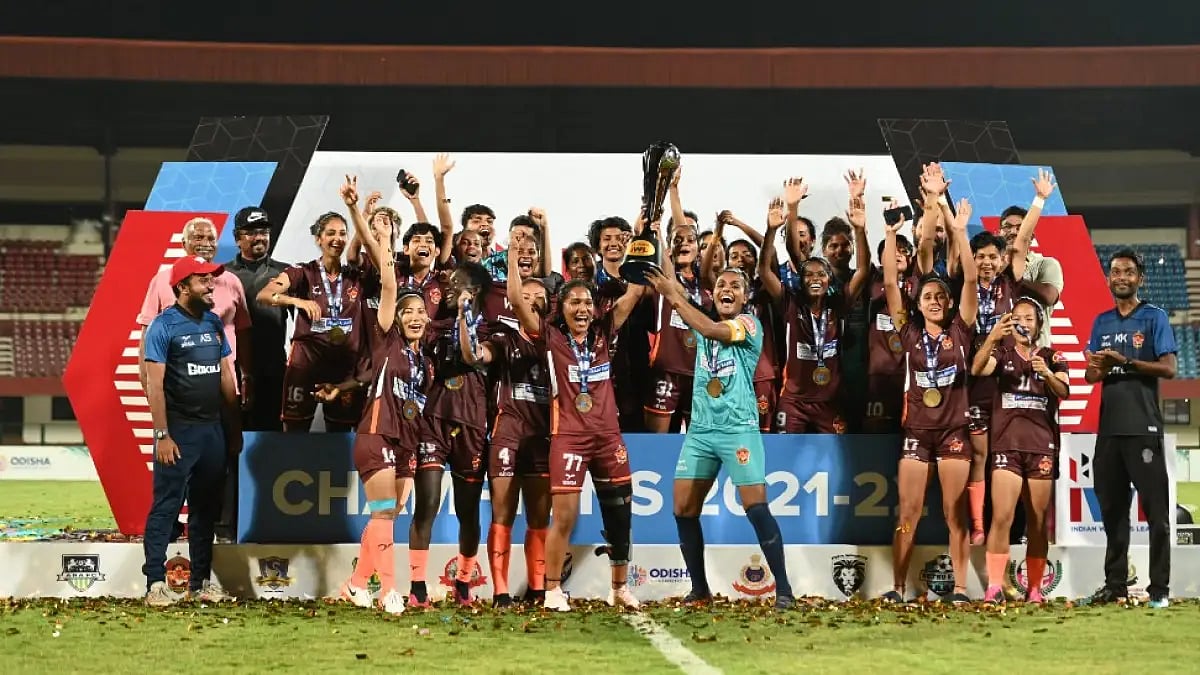Gokulam Kerala players celebrate after winning the Indian Women's League title on Thursday. 