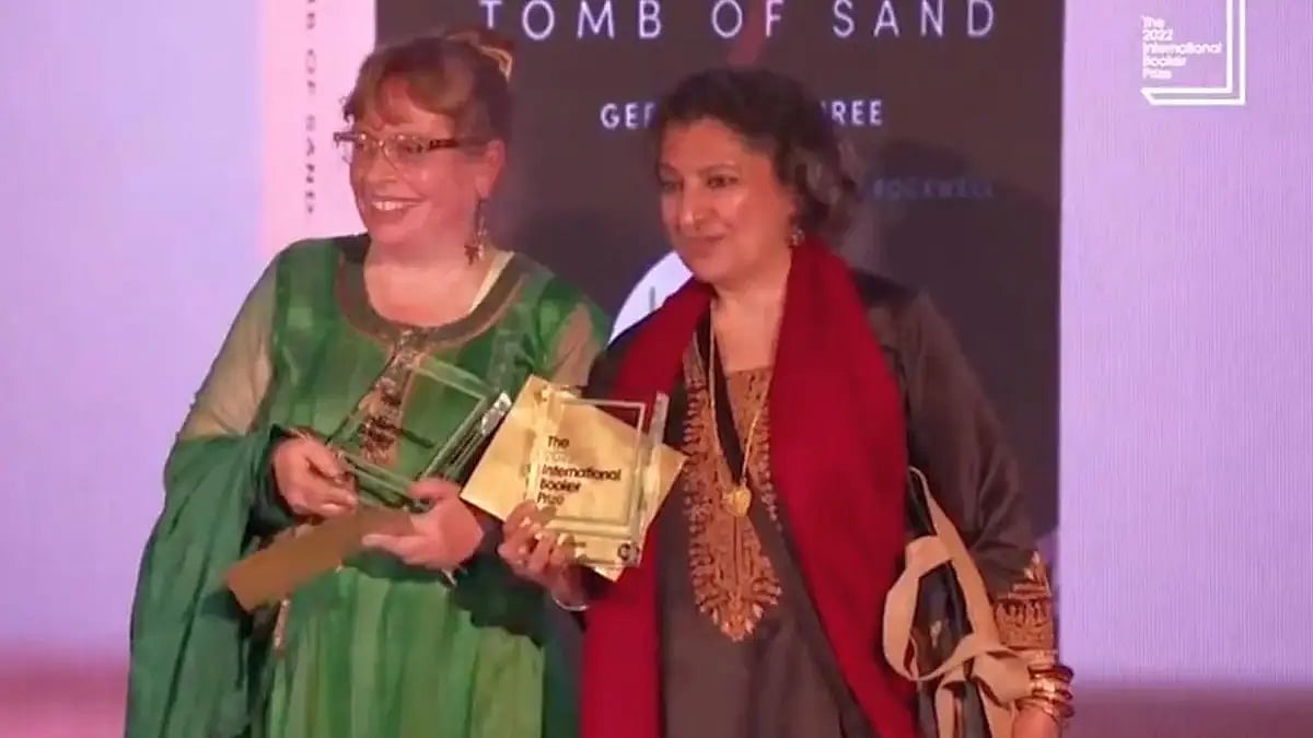 Geetanjali Shree (right), the winner of the 2022 International Booker Prize with translator Daisy Ro
