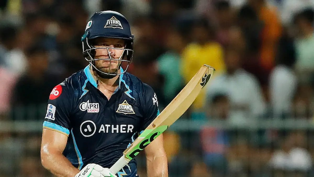 David Miller reacts after completing his fifty against Rajasthan Royals in IPL 2022 Qualifier 1.  