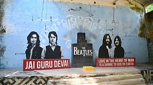 Murals at the wall of Artist hall, Beatles Bungalow, Rishikesh.