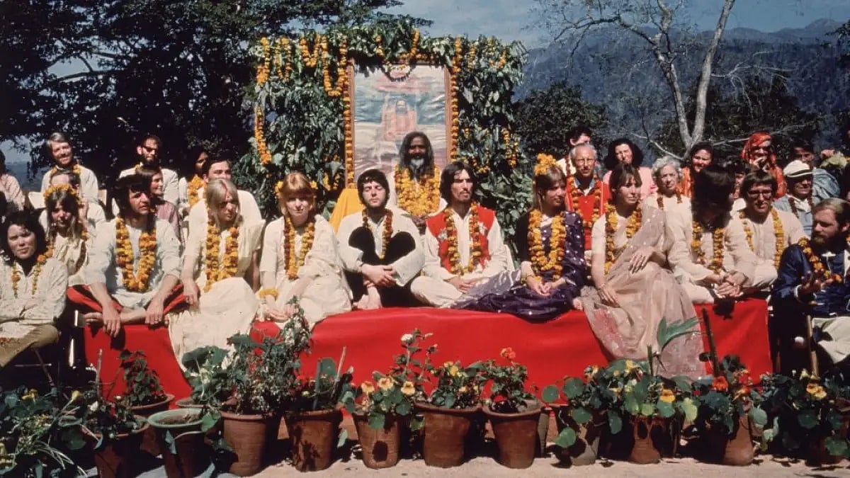 The Beatles and their wives at Rishikesh in India with the Maharishi Mahesh Yogi, March 1968.   