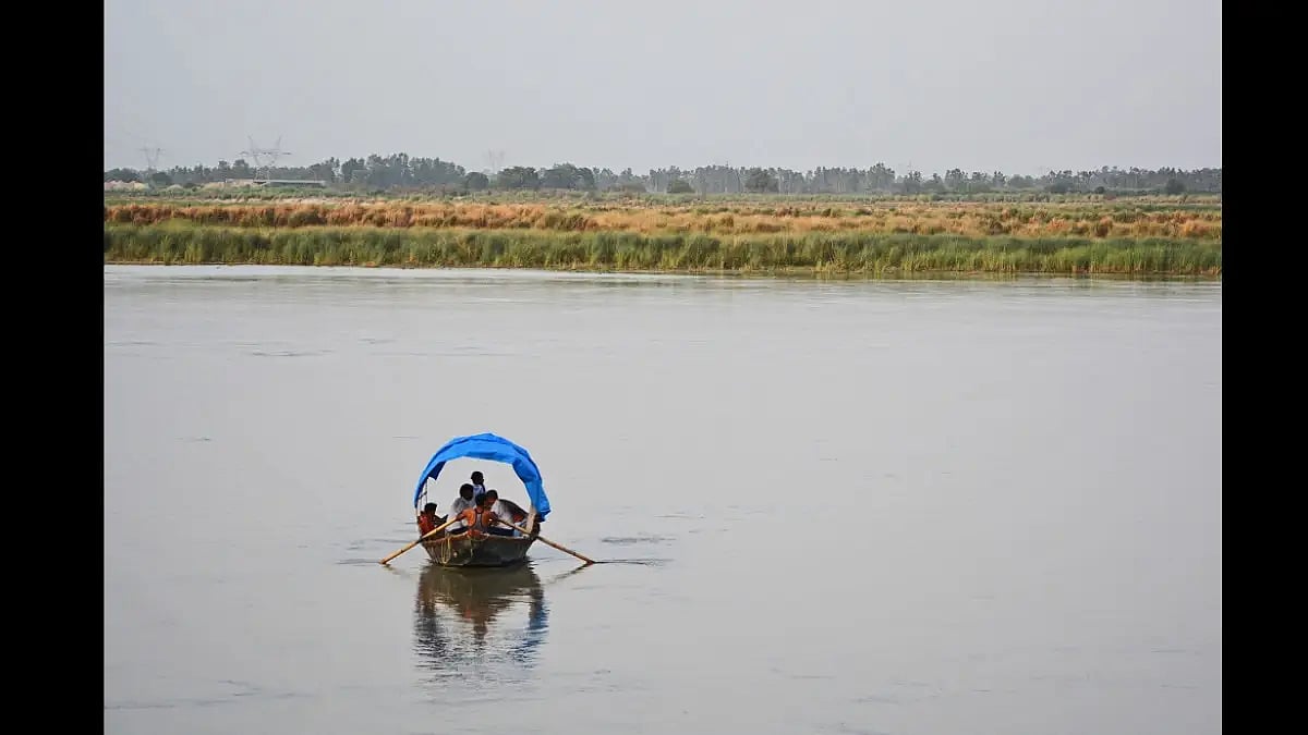 Boats row from the Ganga ghat at Bithoor, near Kanpur