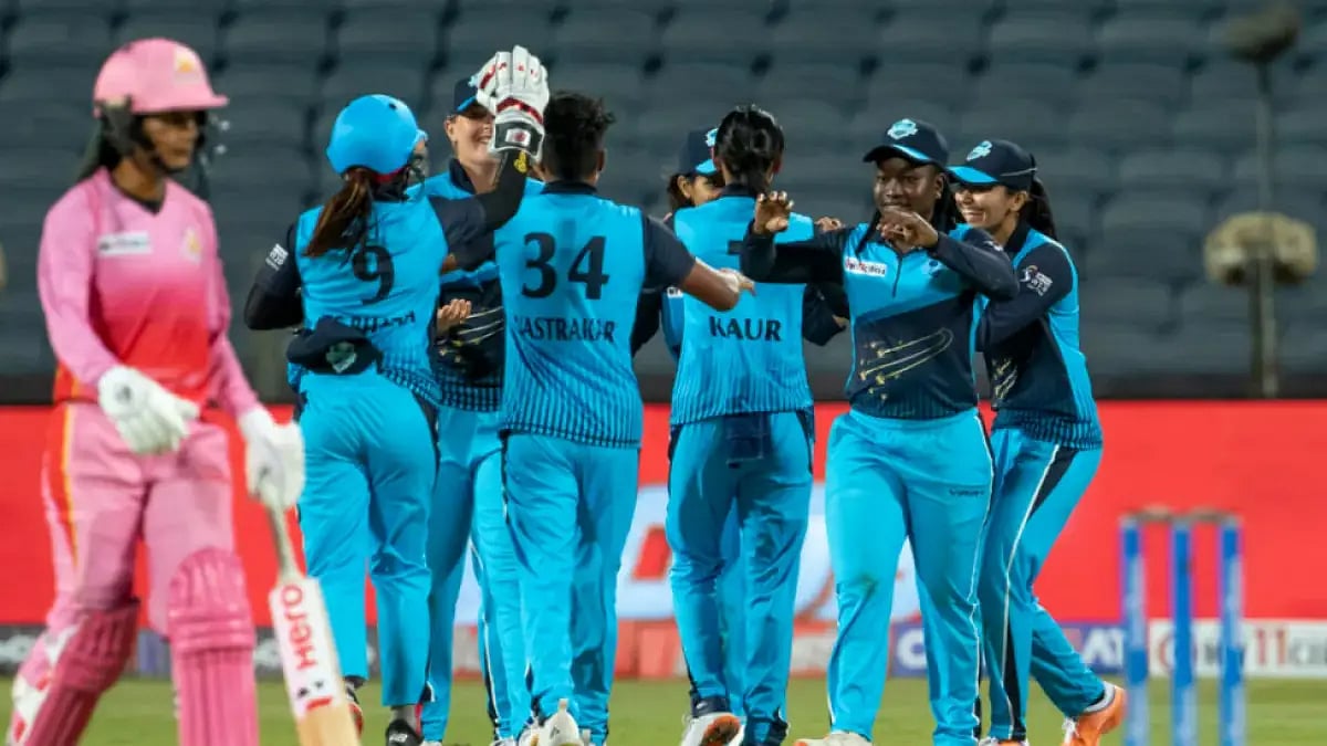 Supernovas players celebrate a fall of Tralblazers wicket in a Women's T20 Challenge game.