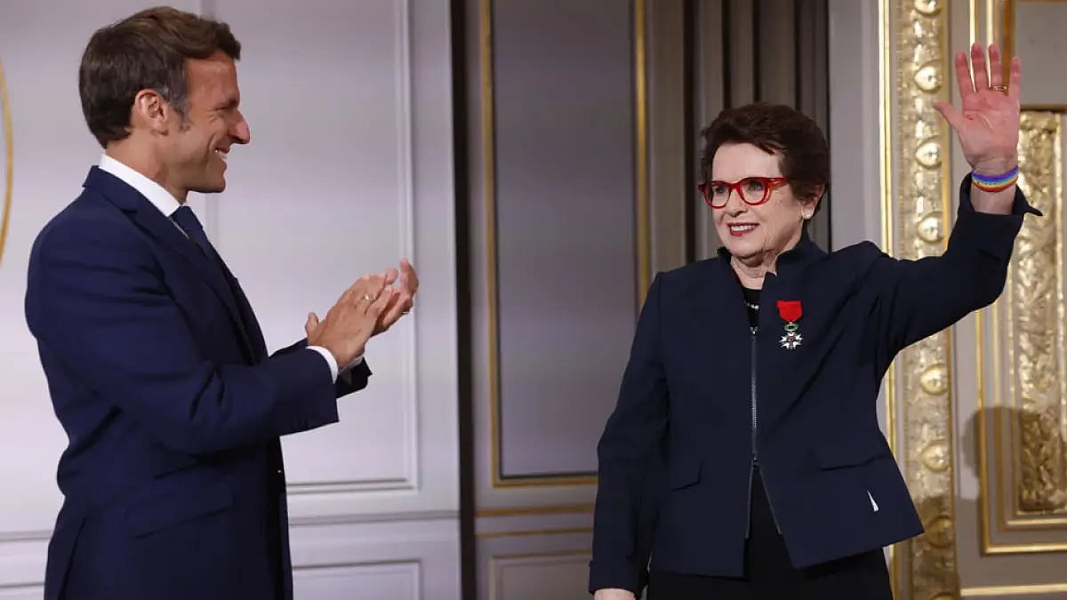 Emmanuel Macron applauds Billie Jean King after she was awarded the Legion of Honor, June 3, 2022.