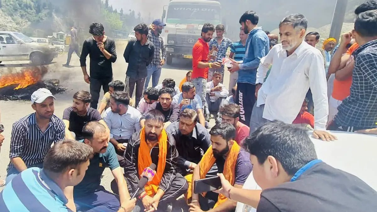 A protest being held against alleged vandalism at a temple in Jammu region's Doda district 