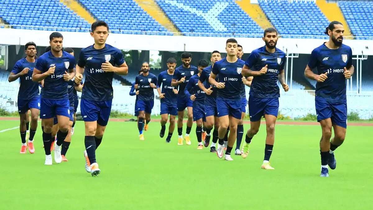 Indian players warm up during their training session ahead of their Cambodia clash.   