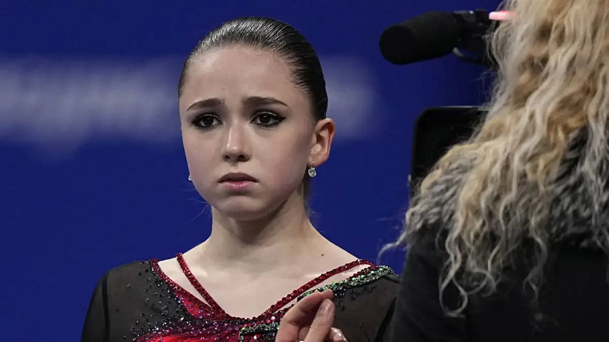 Kamila Valieva, of the Russian Olympic Committee, after a figure skating routine at the 2022 Winter Olympics.