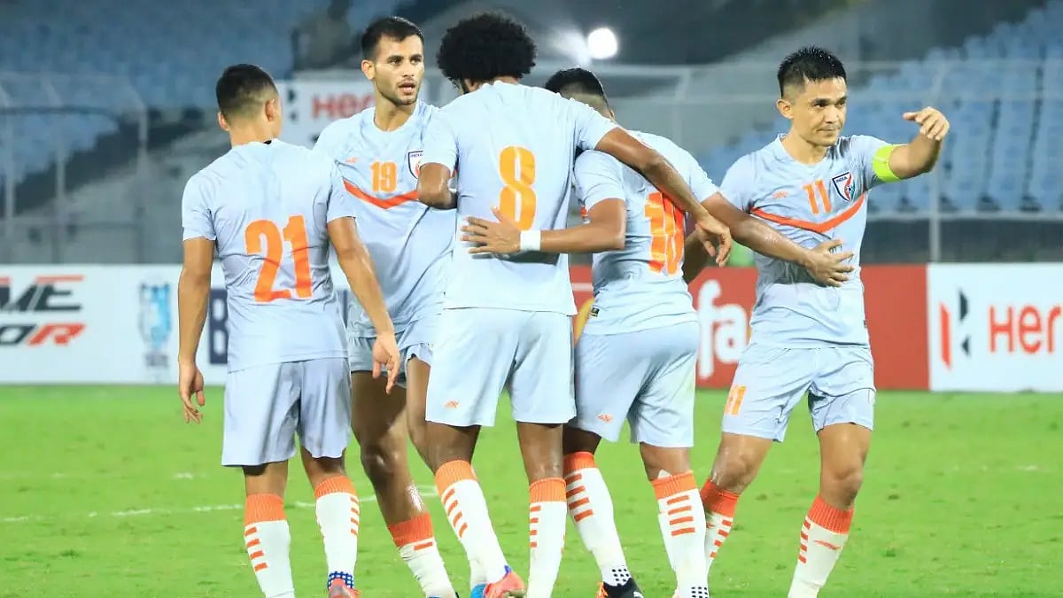 India players celebrate after scoring versus Afghanistan in their AFC Asian Cup 2023 qualifiers tie.