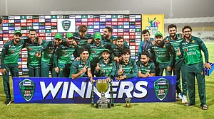 Pakistan players celebrate their ODI series win over West Indies.
