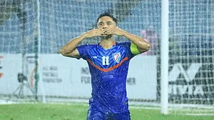 Sunil Chhetri celebrates after scoring against Hong Kong in AFC Asian Cup 2023 Qualifiers.