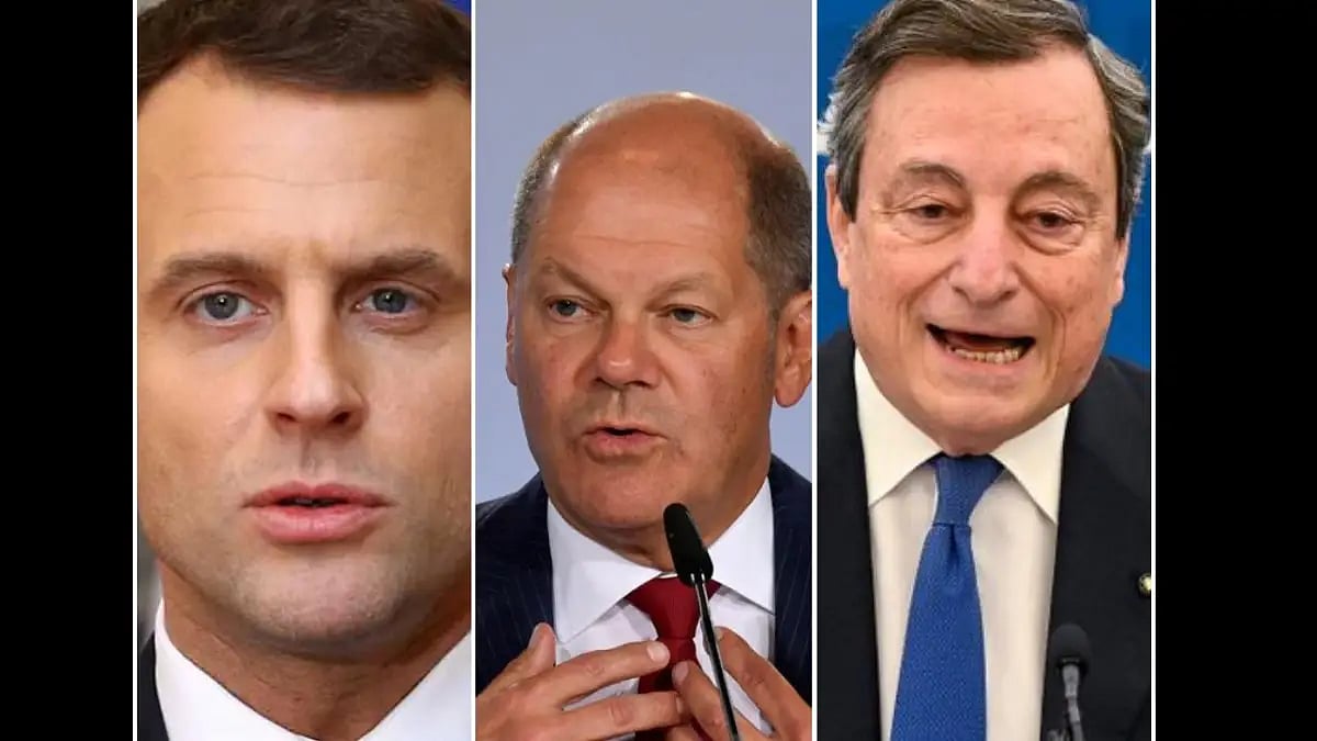 Emmanuel Macron (Left), German Chancellor Olaf Scholz (Centre) and Mario Draghi (Right)