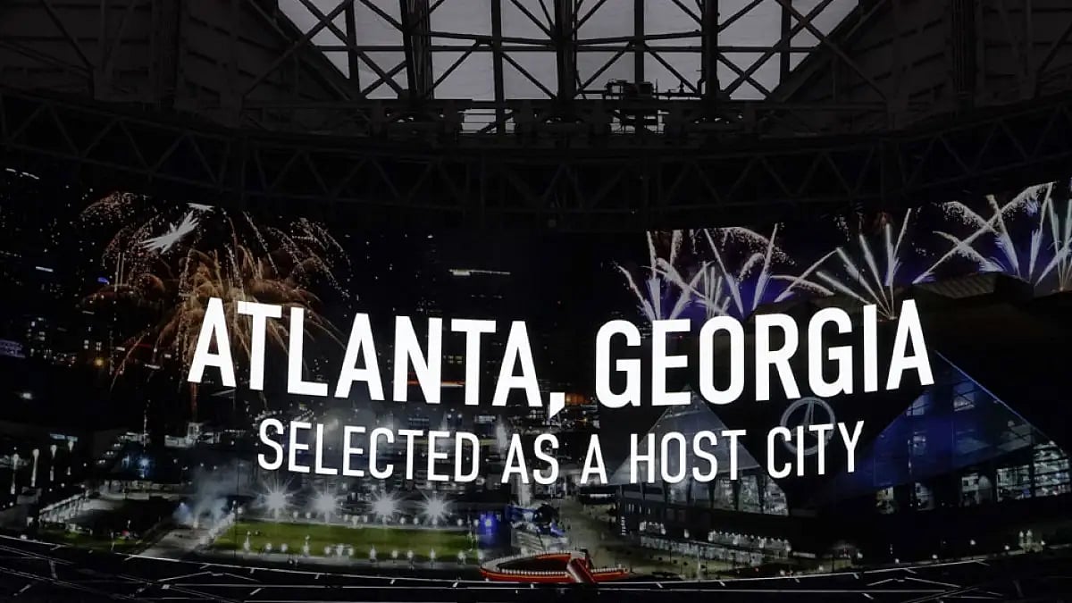 Mercedes-Benz Stadium displays an announcement that FIFA has selected Atlanta as a 2026 World Cup host city, June 16, 2022.