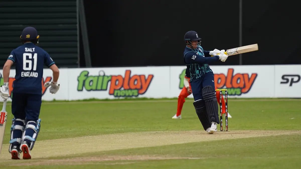 England's Jason Roy pulls a shot towards on-side against Netherlands in the second ODI.   