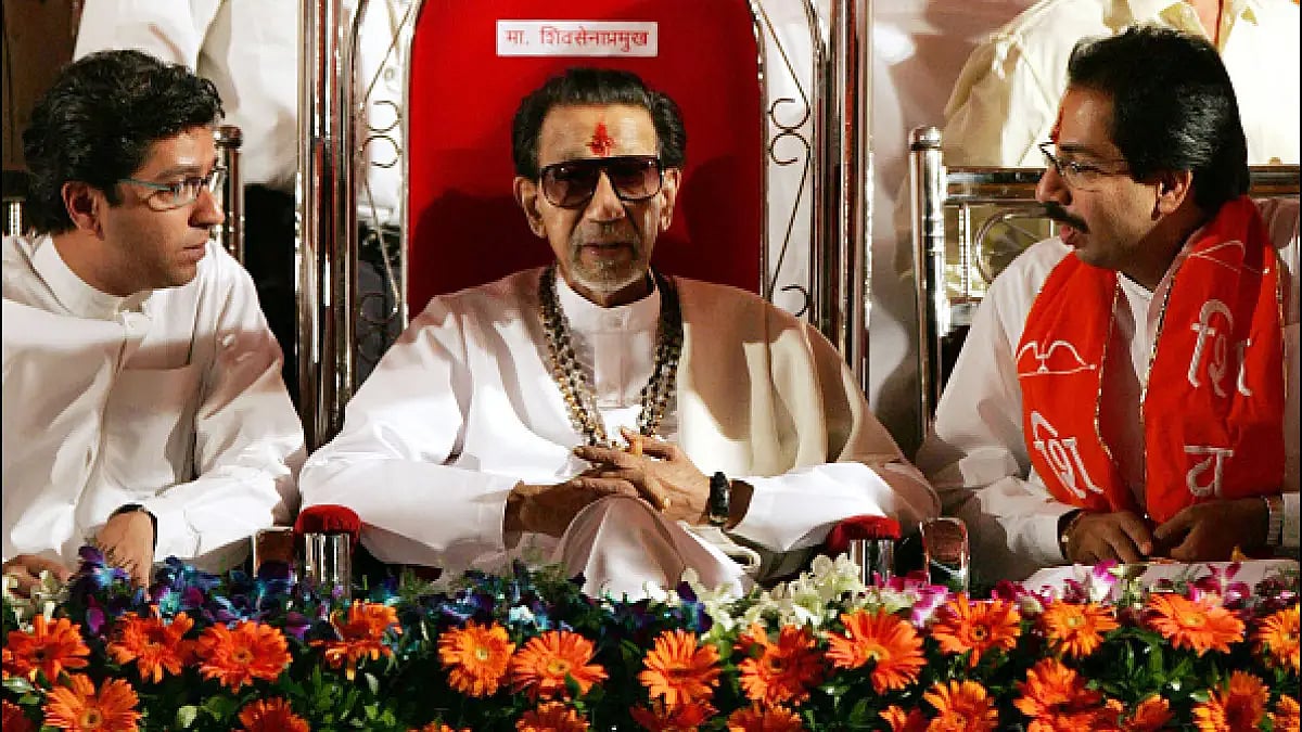 | File : Raj Thackeray (left), Balasaheb Thackeray (centre), and Uddhav Thackeray (right) at Shivaji Park.
