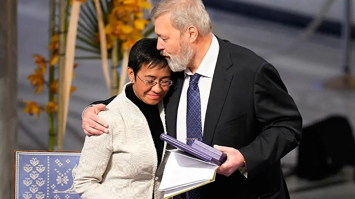 Nobel Peace Prize winners Dmitry Muratov from Russia, right, and Maria Ressa of the Philippines