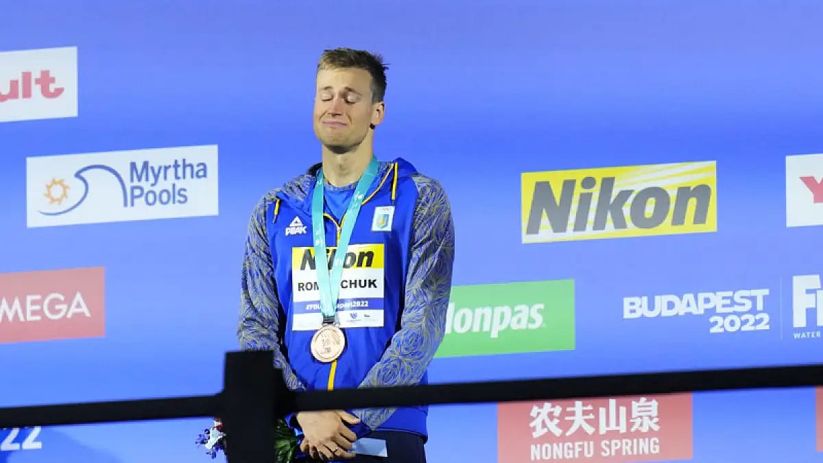 Mykhailo Romanchuk of Ukraine reacts after winning bronze medal in the Men 800m Freestyle final at the 19th FINA World Championships in Budapest, June 21, 2022.