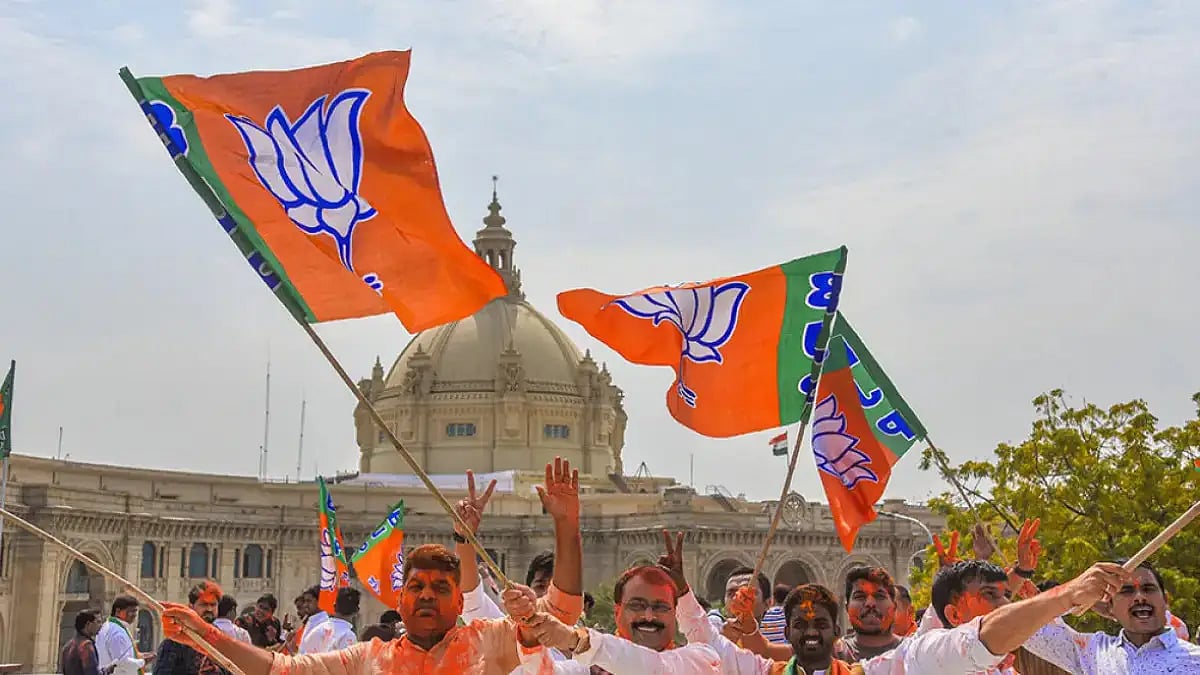 Photograph of BJP supporters celebrating election victory in March 2022. 