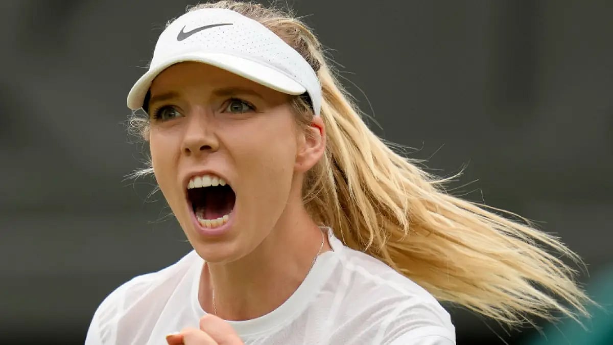 Katie Boulter celebrates after winning a point against Karolina Pliskova in a second round singles m