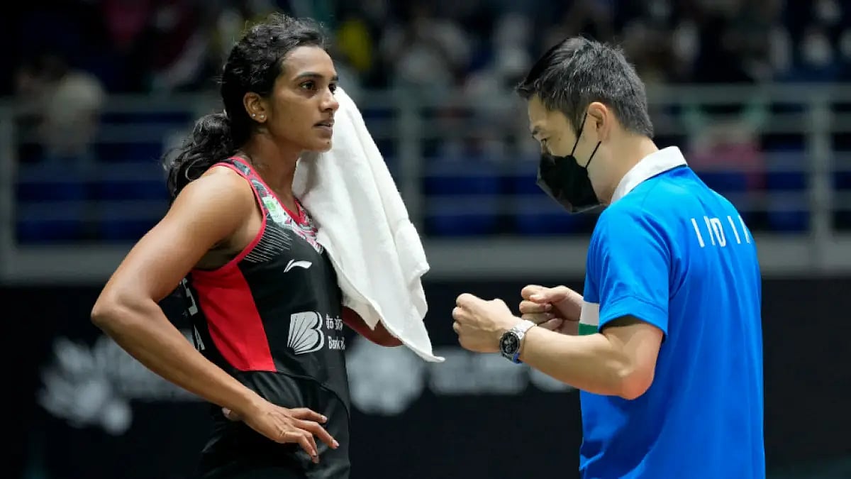 PV Sindhu listens to her coach during the Malaysia Open 2022 quarterfinal tie vs Tai Tzu Ying.   