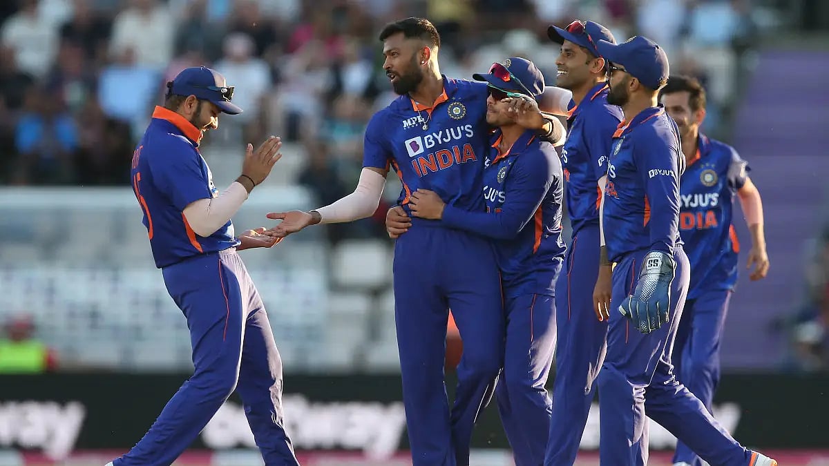 India players celebrate the fall of an England wicket in the first T20 on Thursday.  