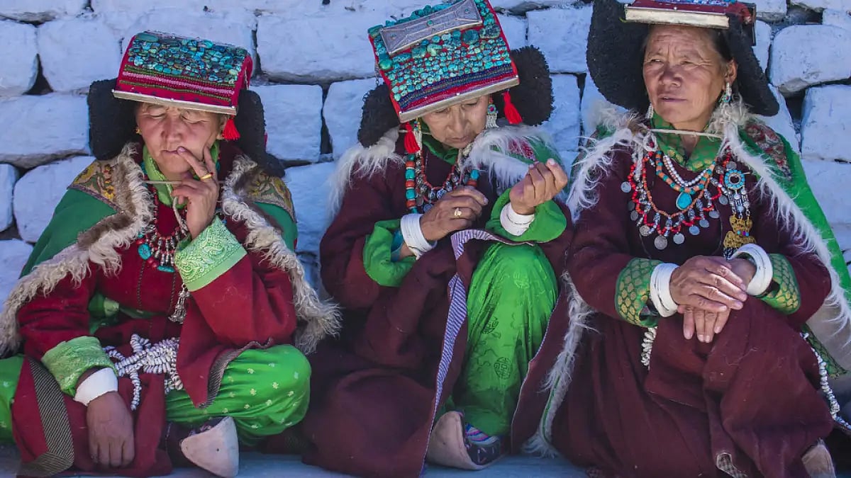 Known for its regional variations, the perag is a headdress worn exclusively by women of Ladakh