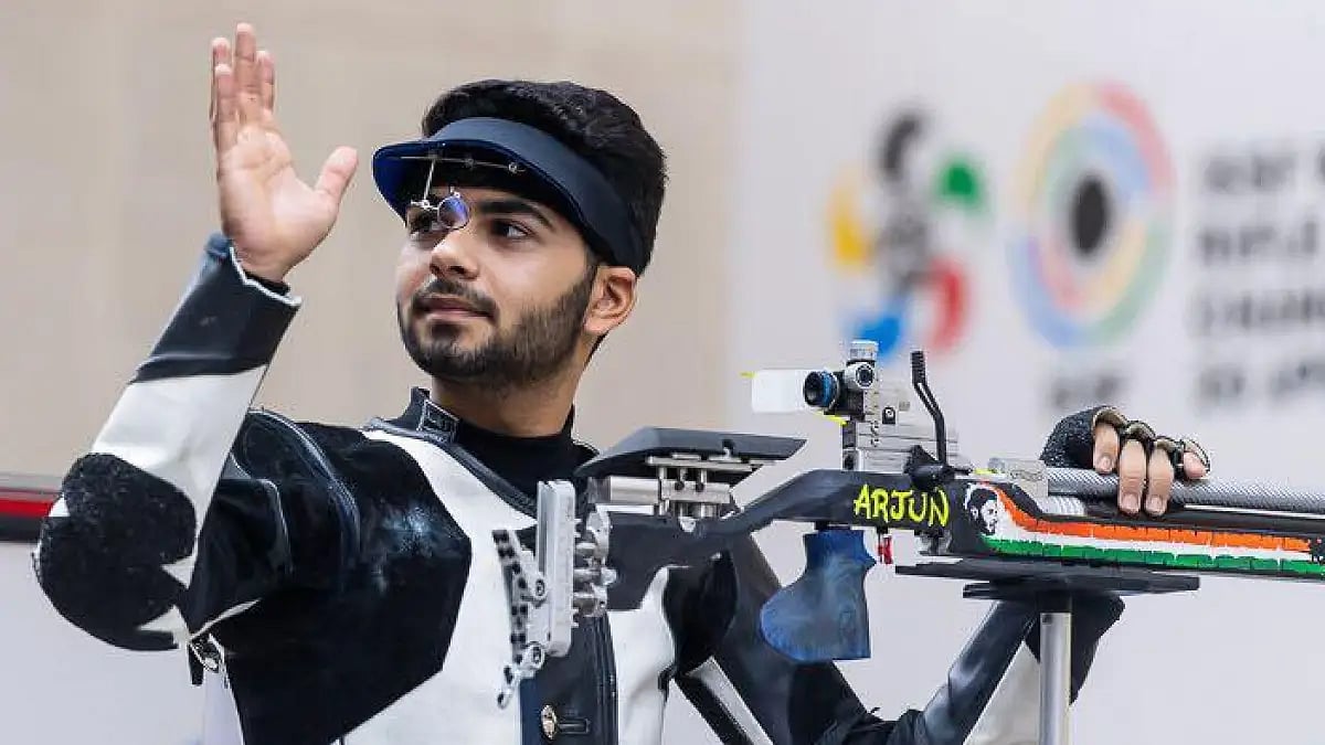 Arjun Babuta celebrates after winning 10m Air Rifle gold at ISSF World Cup in Changwon.  