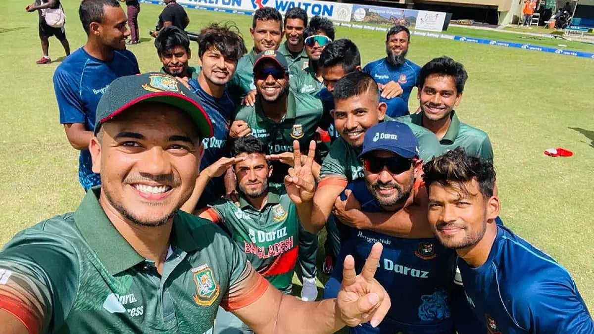 Bangladesh players after their ODI series win against the West Indies in Guyana.