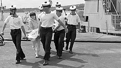 Irish Naval Service recovering bodies of Air India Flight 182 bombing victims from the sea. - null