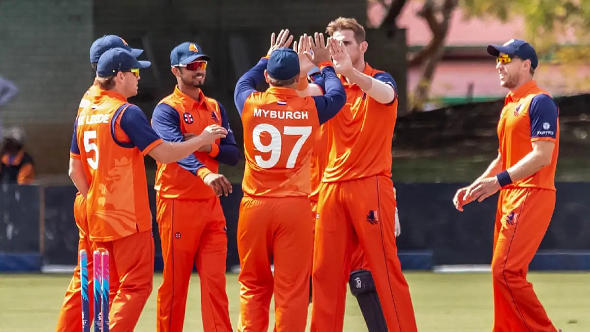 Netherlands players celebrate the fall of a wicket during their match against the United States.