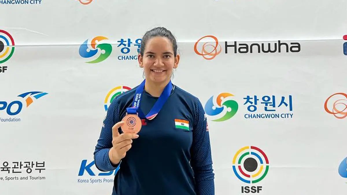 File Photo showing India's Anjum Moudgil poses with the ISSF Shooting World Cup bronze medal.  