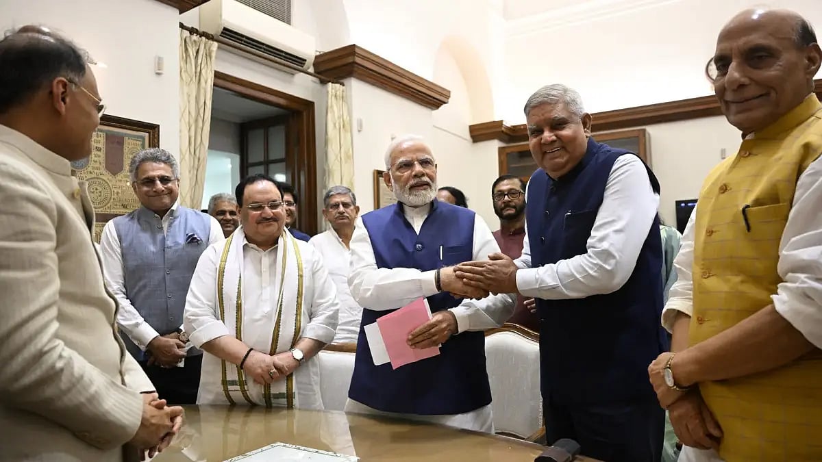 PM Modi, Defence Minister Rajnath Singh, BJP chief JP Nadda and others accompanying Jagdeep Dhankhar