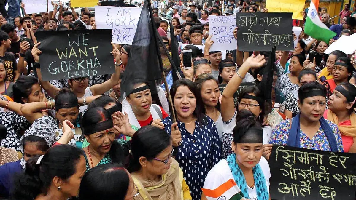 Supporters of Gorkha Janmukti Morcha protesting for Gorkhaland state