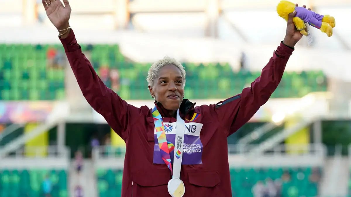 Yulimar Rojas celebrates during a medal ceremony at the World Athletics Championships 2022 on Monday