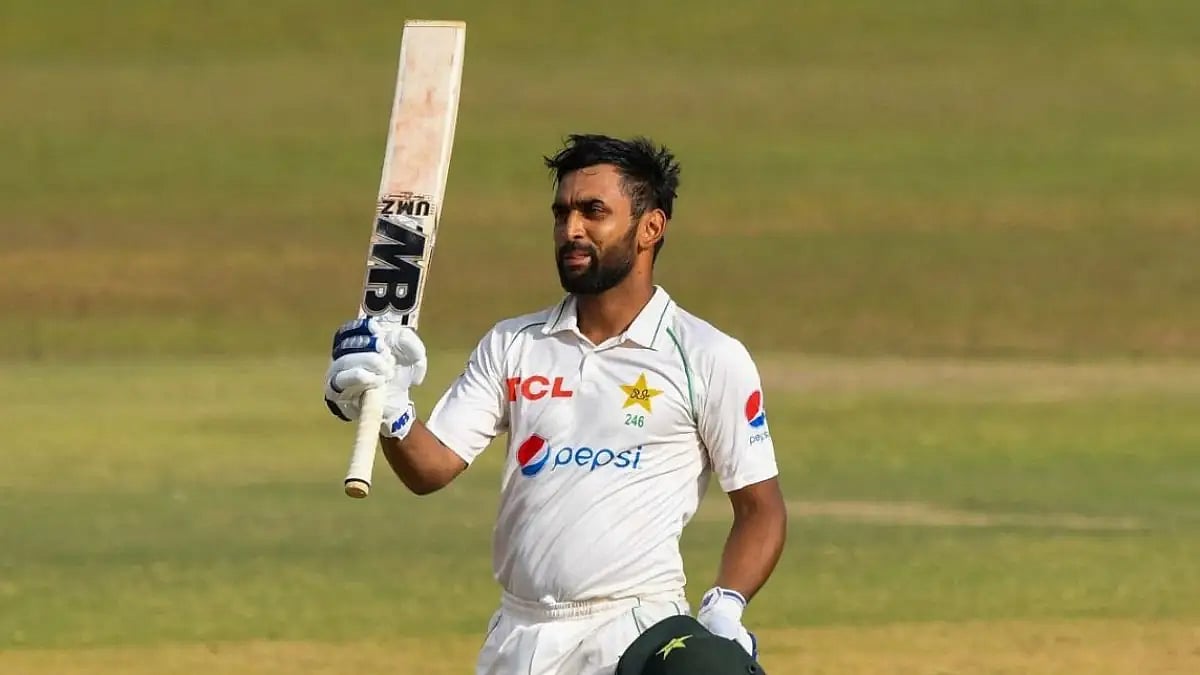 Abdullah Shafique celebrates his century against Sri Lanka in the first Test in Galle. 
