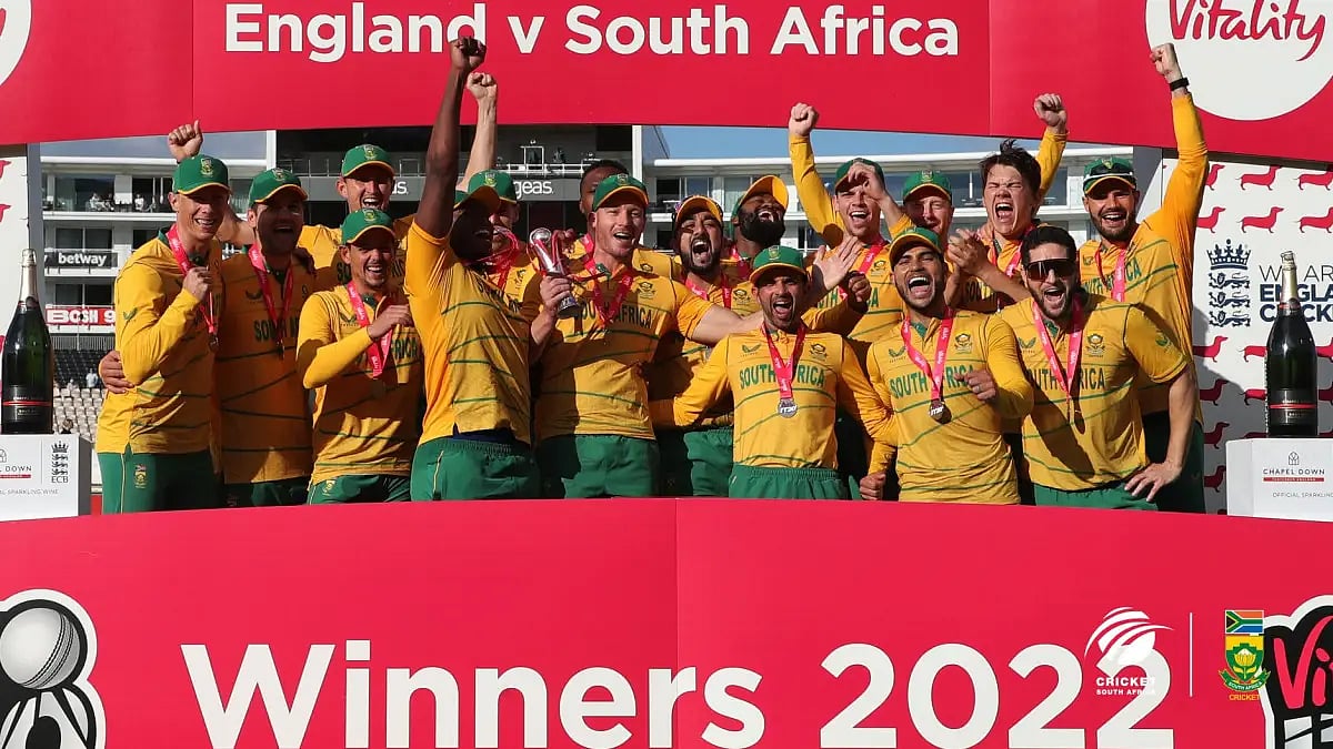 Triumphant South Africa players celebrate their T20 series win against England.  