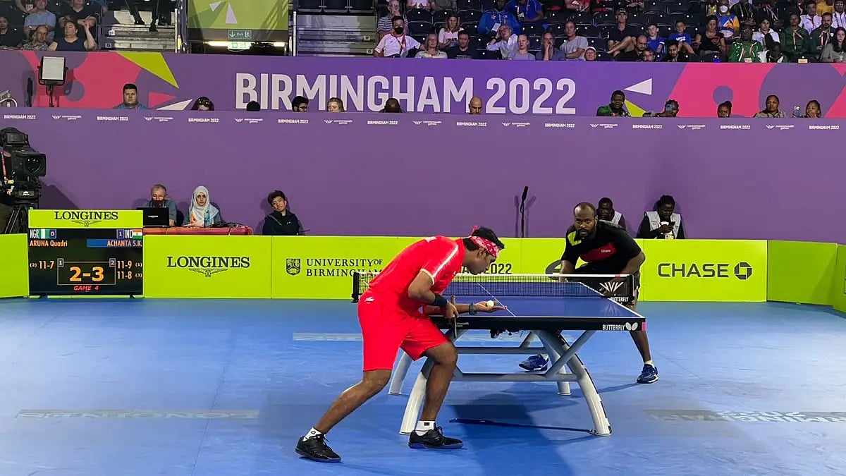 India's Achanta Sharath Kamal is action vs Nigeria during the table tennis semifinals at CWG 2022. 