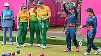 File  : Indias's Nayanmoni Saikia and Pinki during the Lawn Bowls Women's Fours final against South Africa.