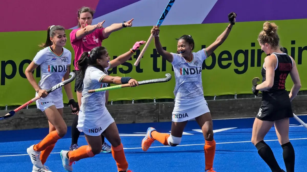 Indian players celebrate a goal against Canada during their Pool A match at Commonwealth Games 2022.