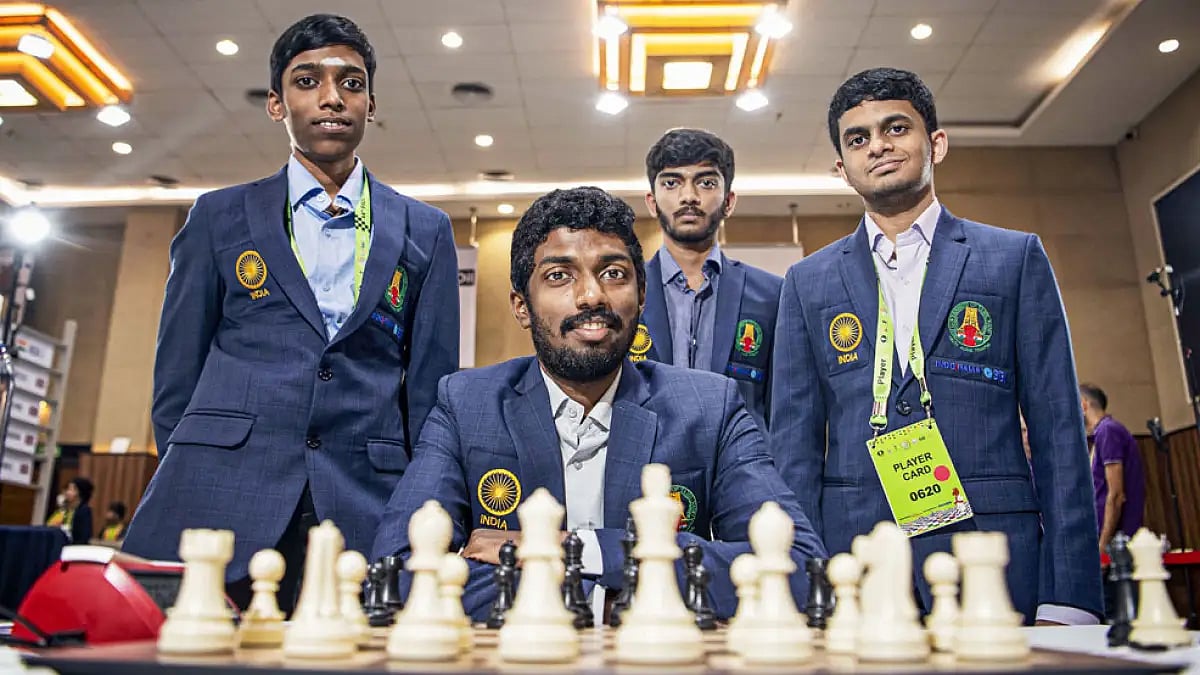 (L-R) Rameshbabu Praggnanandhaa, Adhiban Baskaran, Dommaraju Gukesh and Nihal Sarin during Chess Olympiad 2022 in Chennai.