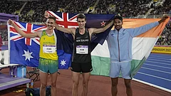 Australia's Brandon Starc, silver, New Zealand's Hamish Kerr, gold, and India's Tejaswin Shankar, bronze, after the men's high jump event at the Commonwealth Games 2022. Photo: AP - File