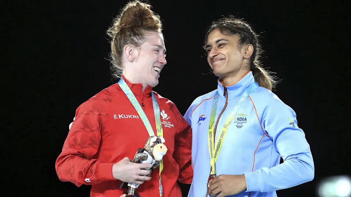 India's Vinesh Phogat, right, and Canada's Samantha Stewart. Wrestling competitions concluded at Commonwealth Games 2022 concluded on August 6. India won medals in every discipline. AP Photo