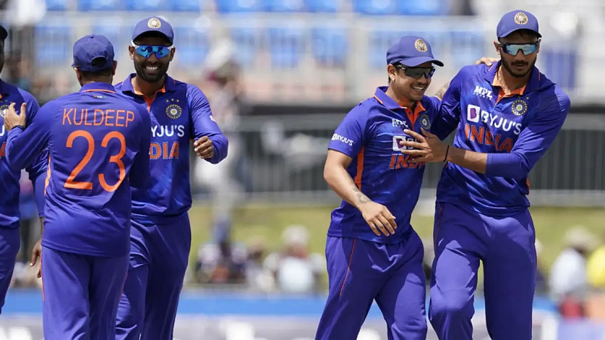 India's players celebrate after beating the West Indies in the fourth T20I.