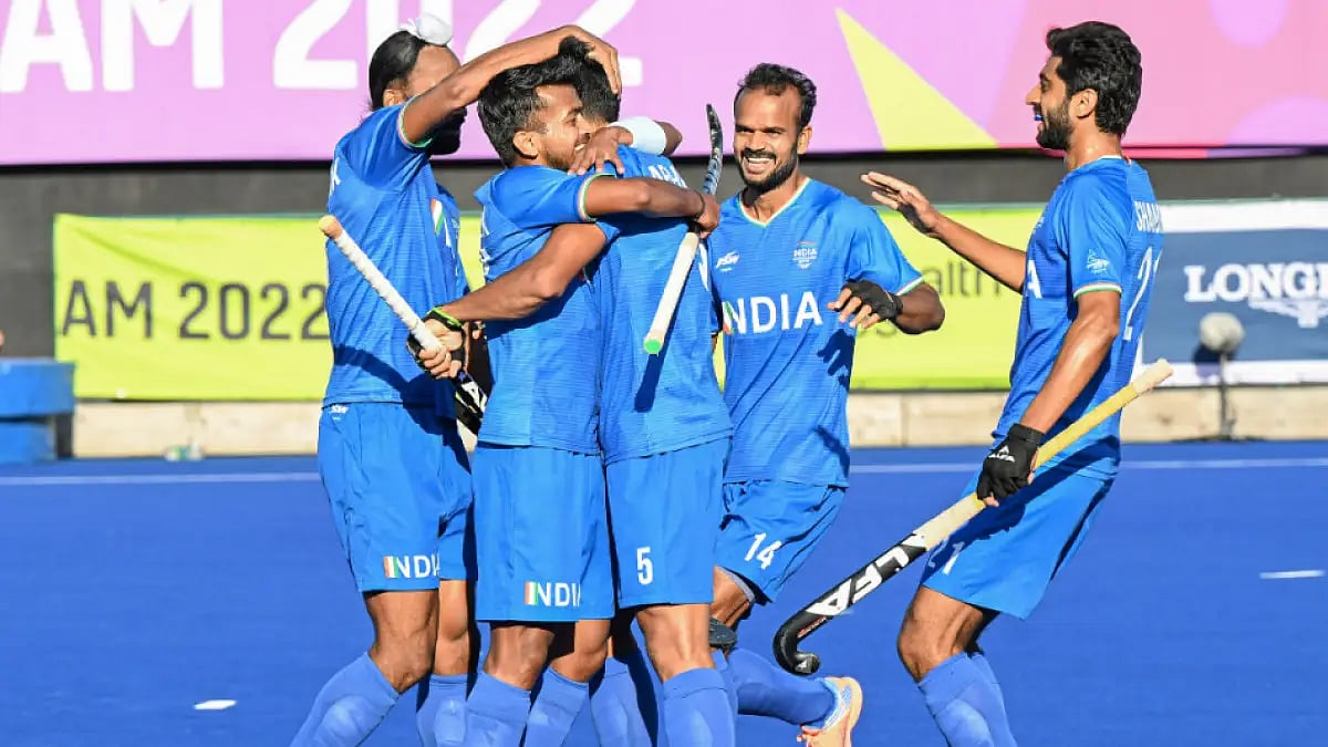 Indian players celebrate a goal against South Africa during Commonwealth Games 2022 semis.  