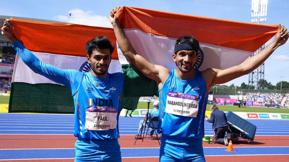 Men's triple jump gold medalist Eldhose Paul, right, and silver medalist Abdulla Aboobacker at Commonwealth Games 2022. Photo: AP