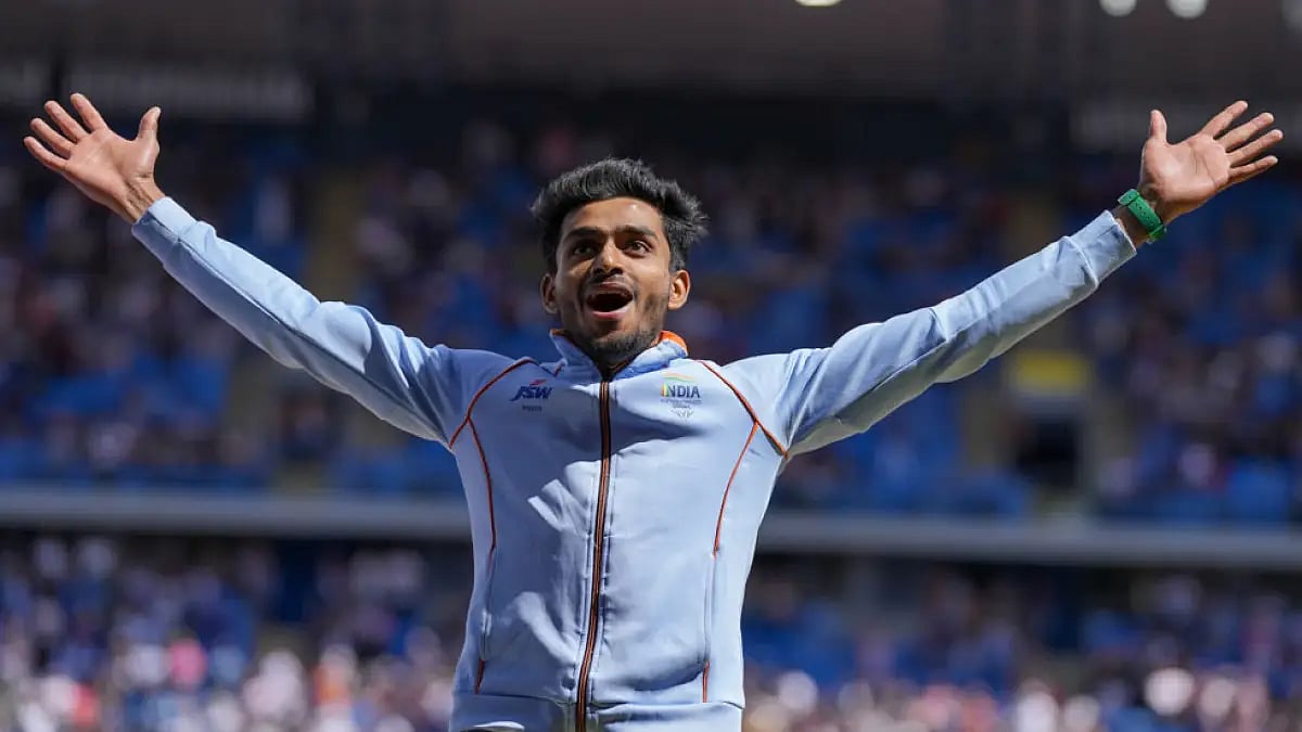 India's Eldhose Paul celebrates after winning the men's triple jump gold medal at Commonwealth Games 2022.