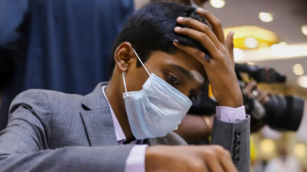 R Praggnanandhaa during round 10 of Chess Olympiadon Monday.