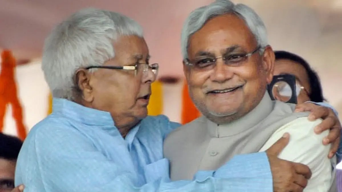 Bihar Chief Minister and JD(U) chief Nitish Kumar with former CM Lalu Prasad Yadav