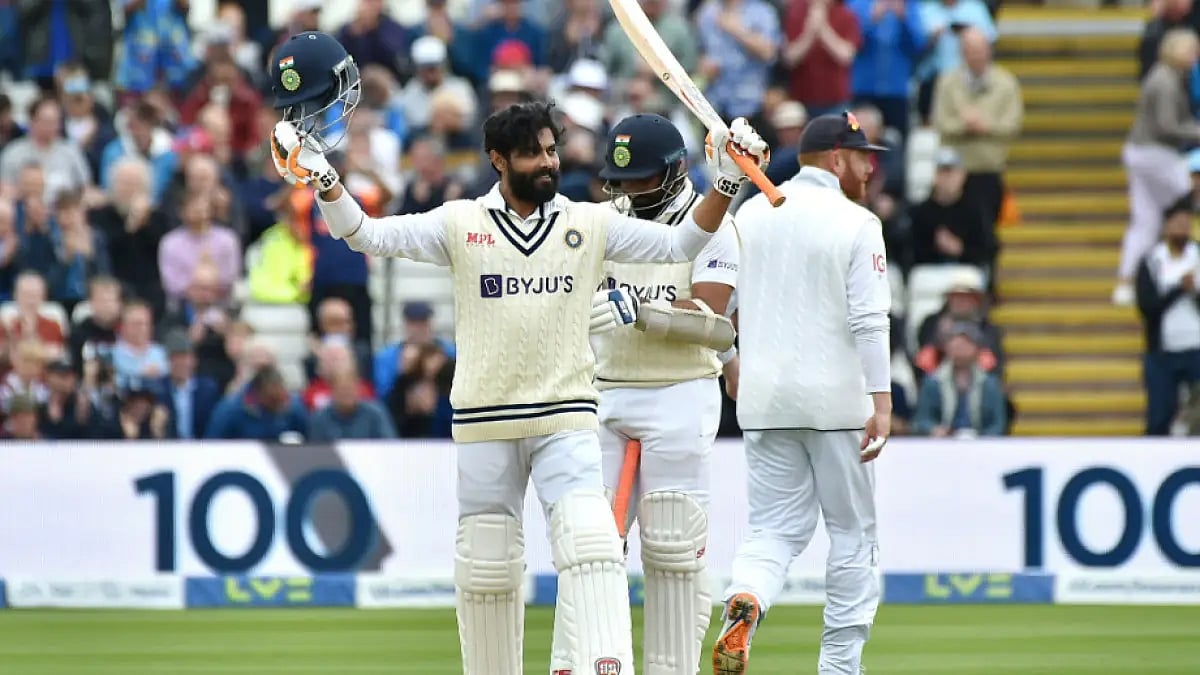 India's Ravindra Jadeja celebrates his century against England in the fifth Test earlier this year.